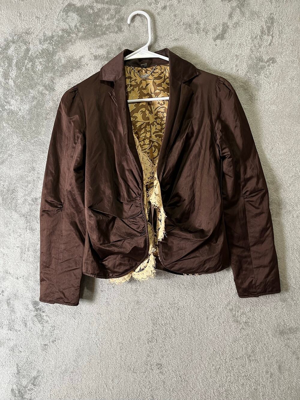 Vintage Brown Satin Tailored Blazer Floral Lined Y2K Office Siren Dark Academia